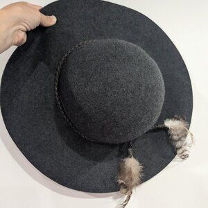 indigo Felted Wool Hat with Wide Brim and Feather Trim Charcoal Grey One Size